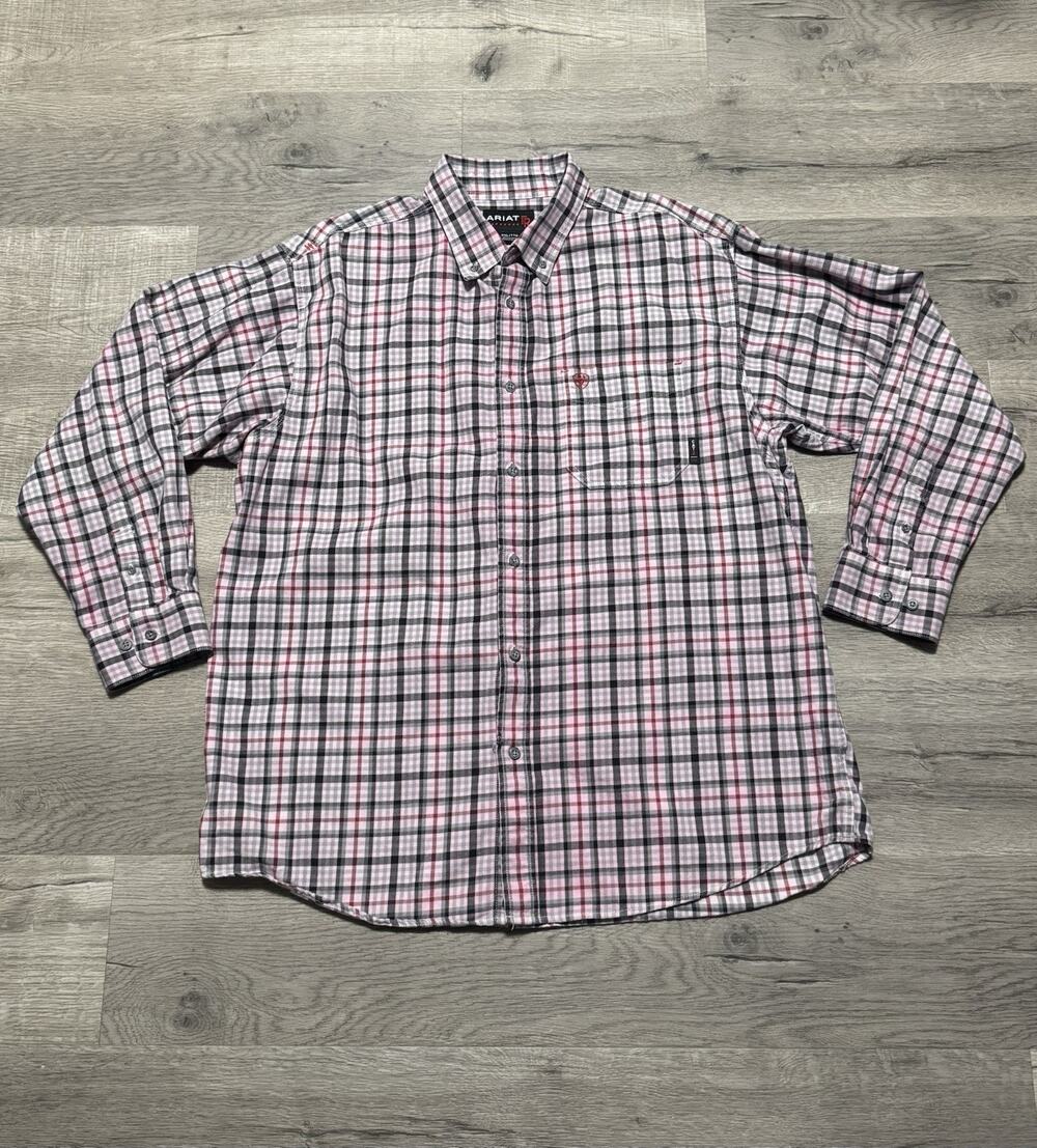 Ariat FR CAT 2 2112 Work Shirt Long Sleeve XXL Pink Black Plaid Flame Resistant